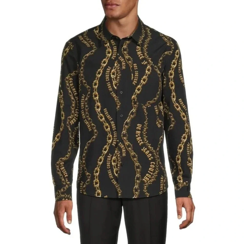 Versace Jeans Couture Long Sleeve Shirt‎ Mens XL 46US Chain Logo Black Gold NWT